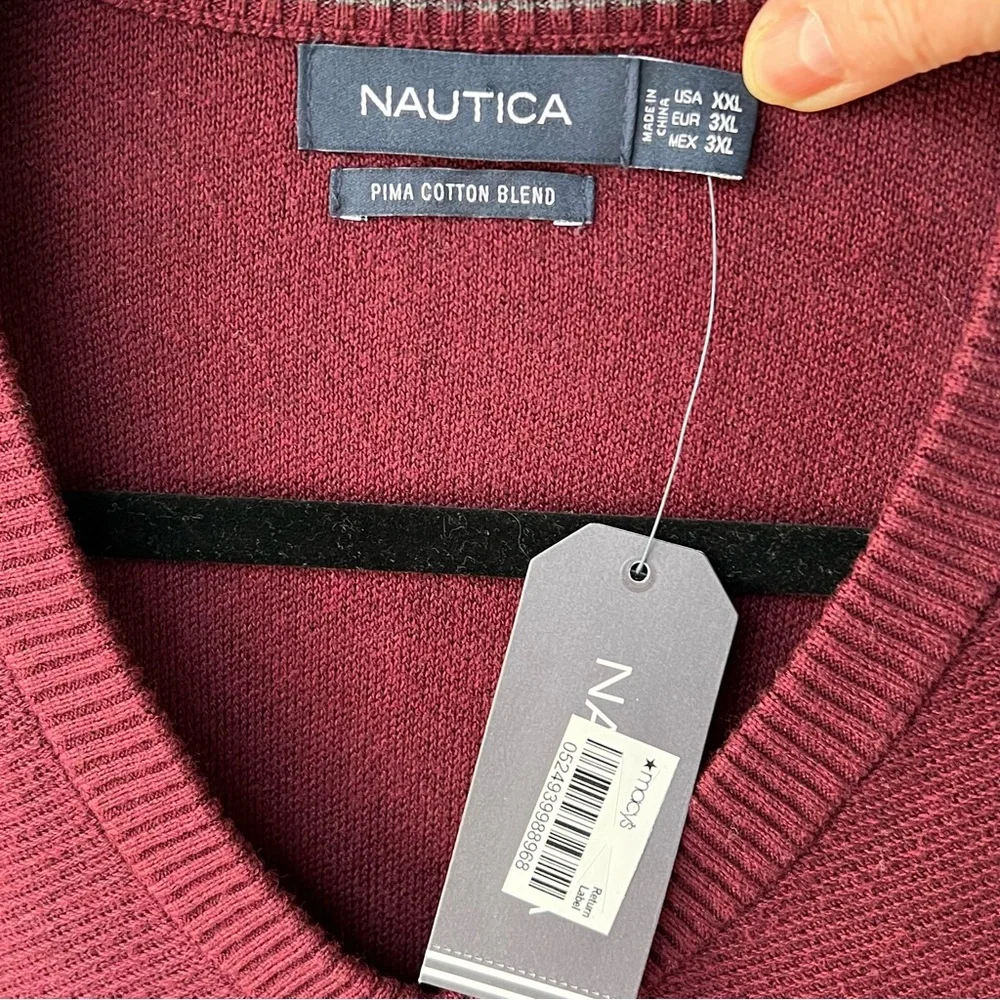 NAUTICA MAROON BURGUNDY DARK RED Navtech V-Neck Deck Sweater Cotton SZ XXL NWT